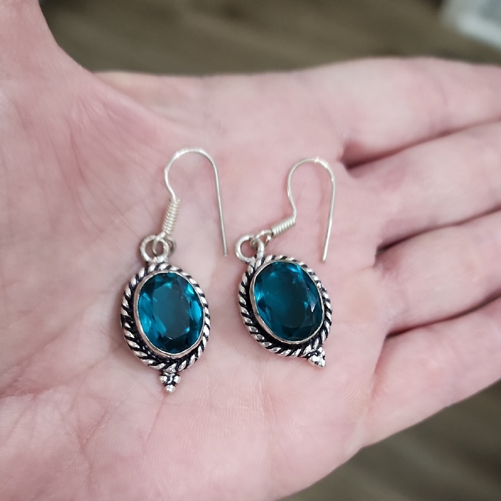 London Blue Topaz Gemstone Earrings in Silver Setting - Picture 2 of 3